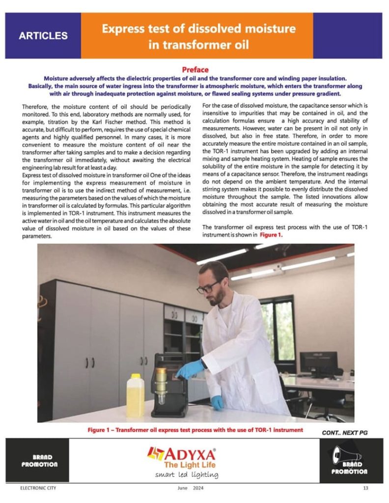 GlobeCore en la prensa: Prueba exprés de humedad disuelta en aceite de transformador (Revista Electronic City - 06.2024)